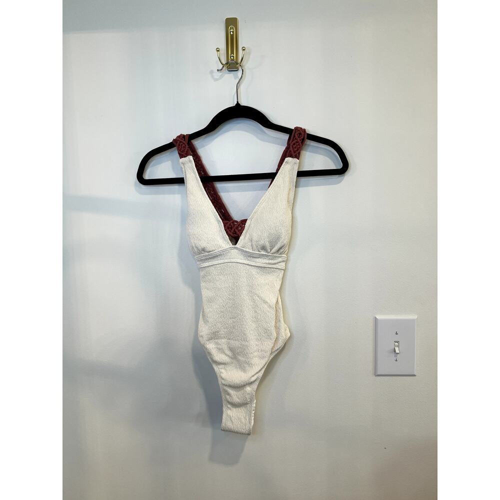 NWT Textured Ivory One Piece Swimsuit Small Crochet Tie Back Beach